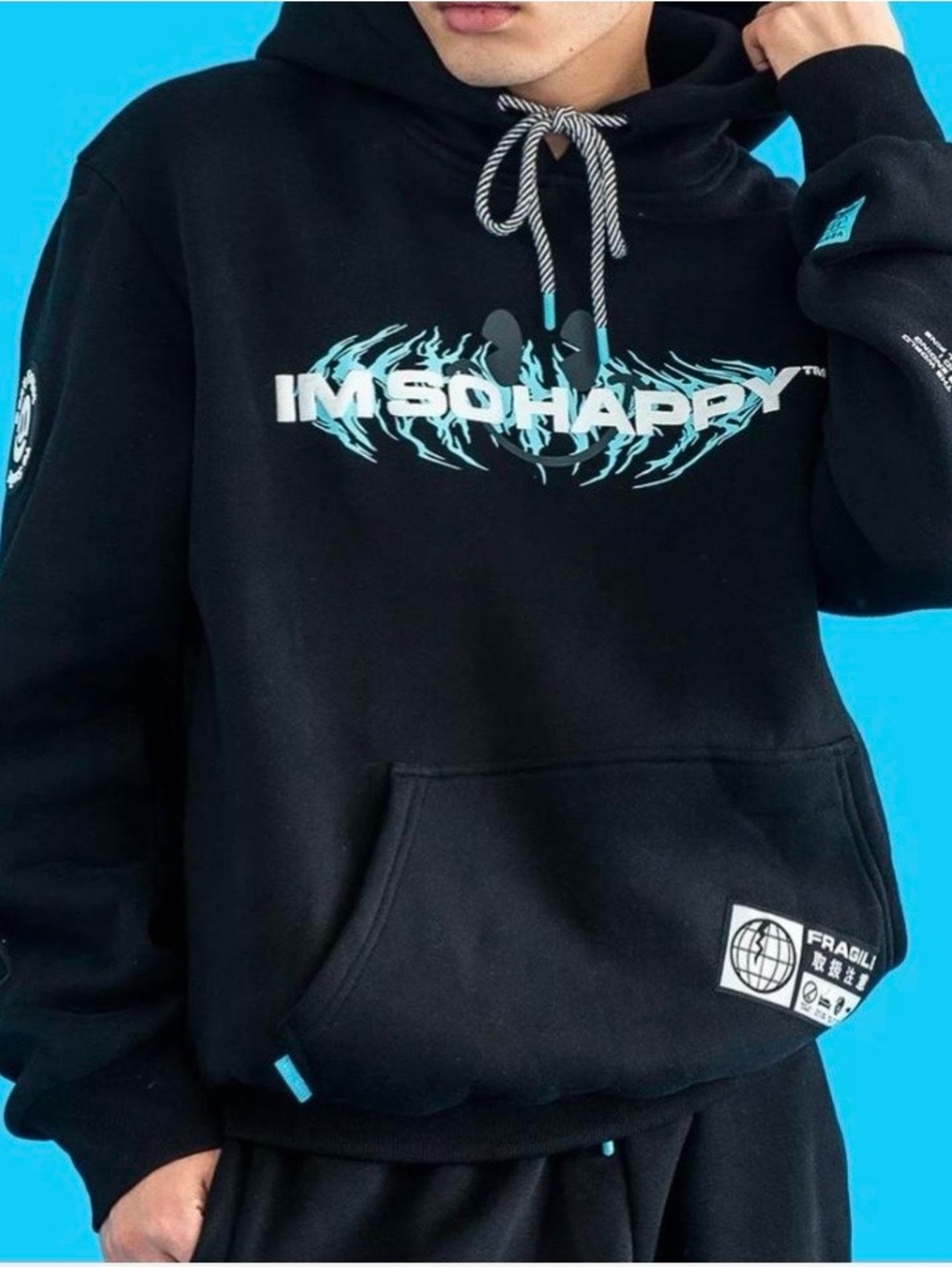 Black "I'M SO HAPPY" Graphic Hoodie with Blue Accent